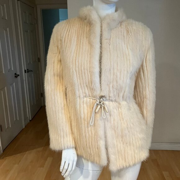 VINTAGE MINK CORDED OXI WHITE CINCH WAIST JACKET SIZE S/M - Picture 1 of 7